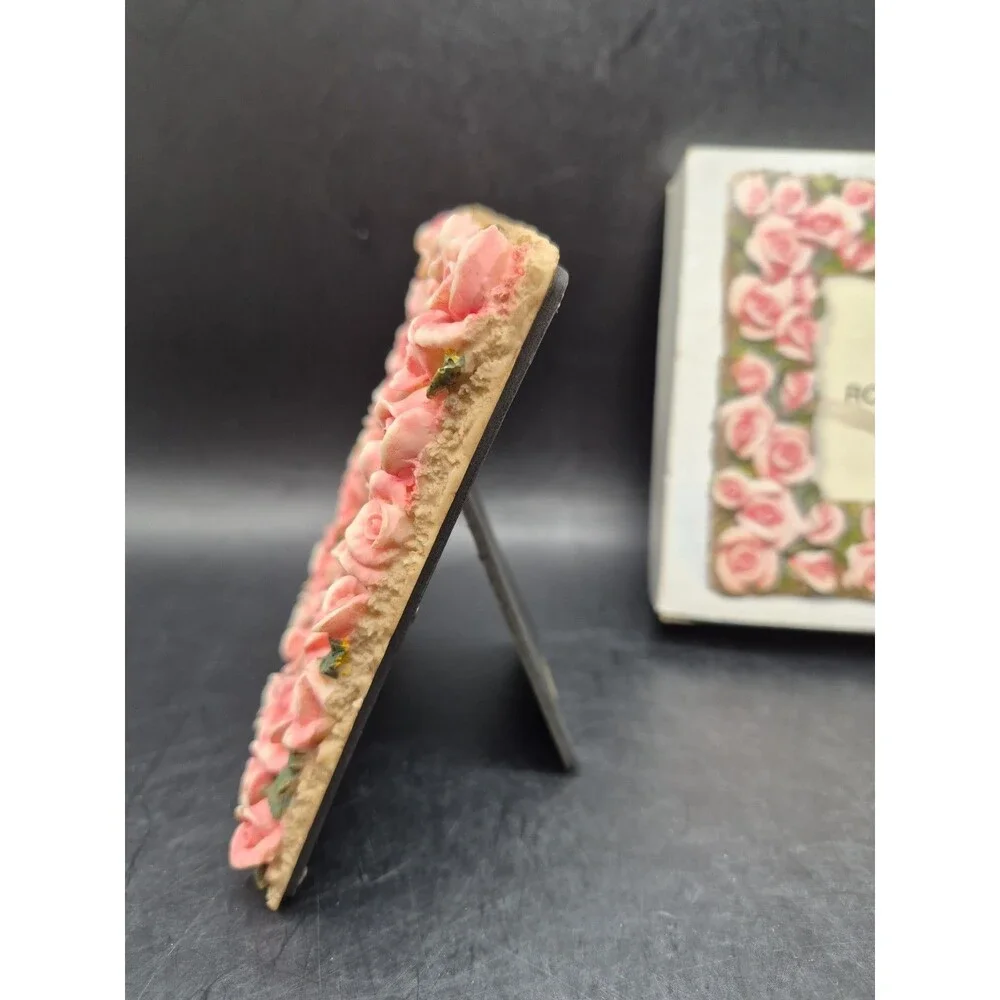 Vintage Pink Rose Floral Ceramic Photo Frame 3D Roses Shabby Chic Cottagecore